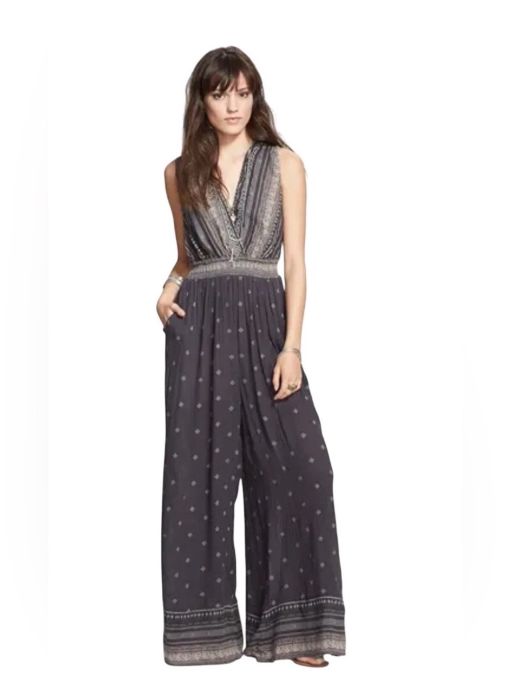 Free People Charcoal Gray Boho Wide-Leg Jumpsuit